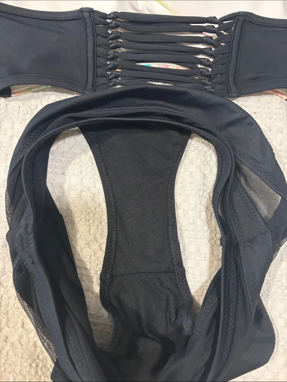 High-Waist Two-Piece Swim Set with Pastel Geometric Top and Black Bottom